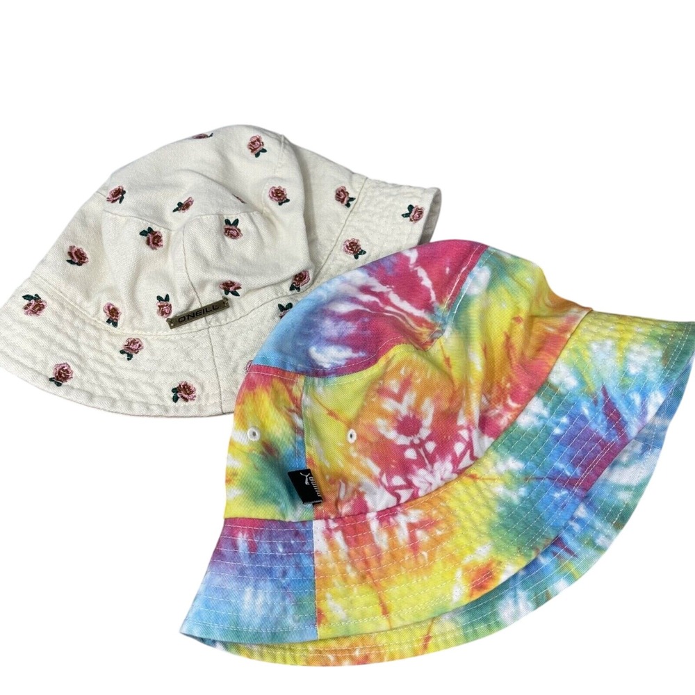 2 Bucket Hats Tie Dye Floral Embroidered Cotton Vacation Hippie O'Neill‎ Puma